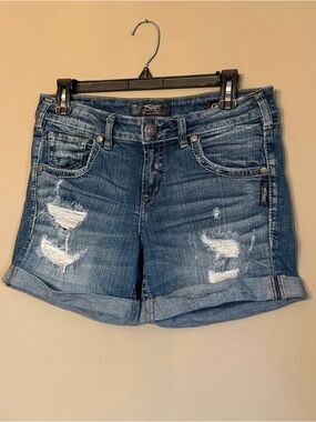 Distressed Silver Boyfriend Shorts